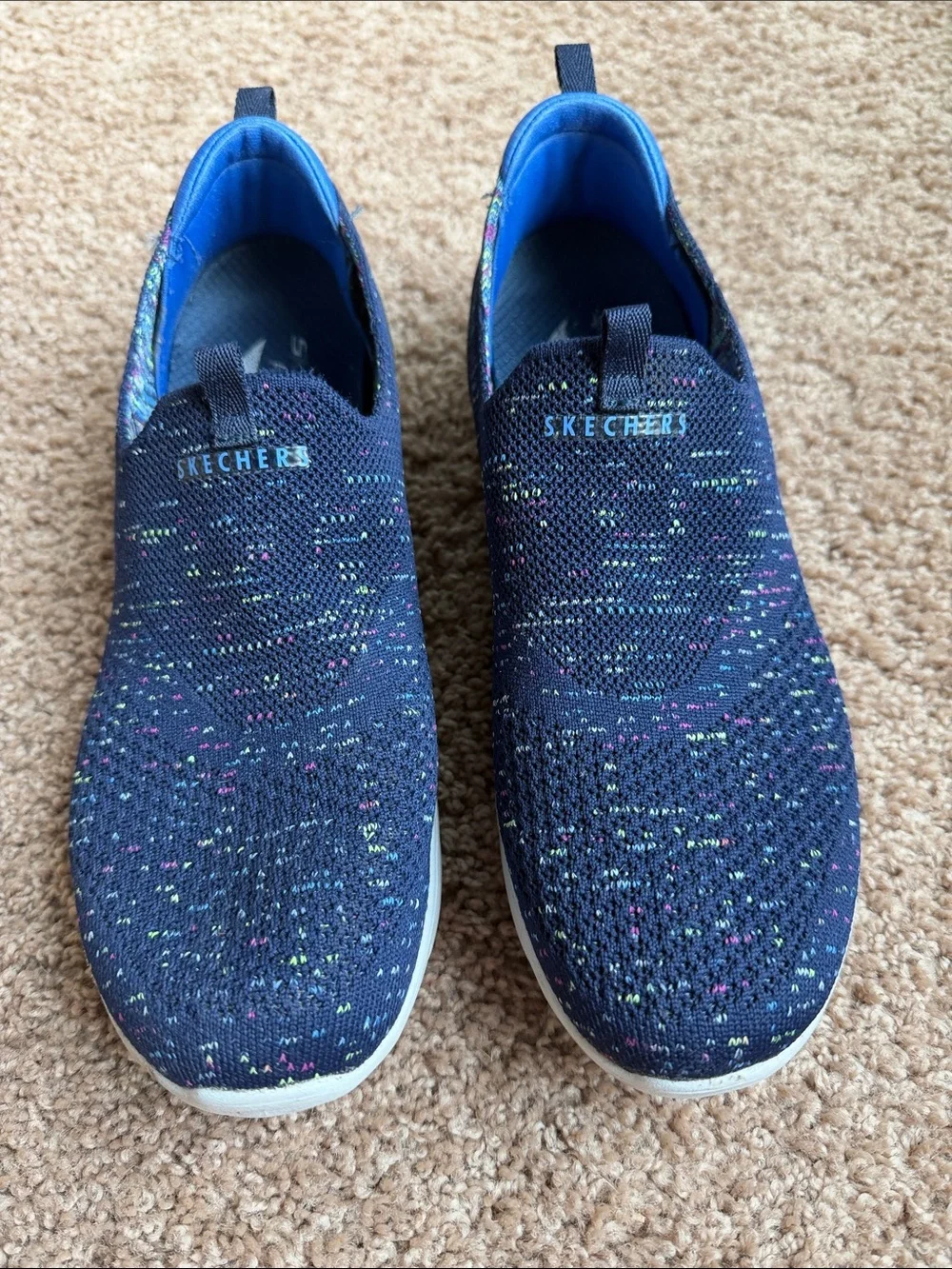 Skechers Navy Slip-On Knit Sneakers with Multicolor Speckle Size 8.5